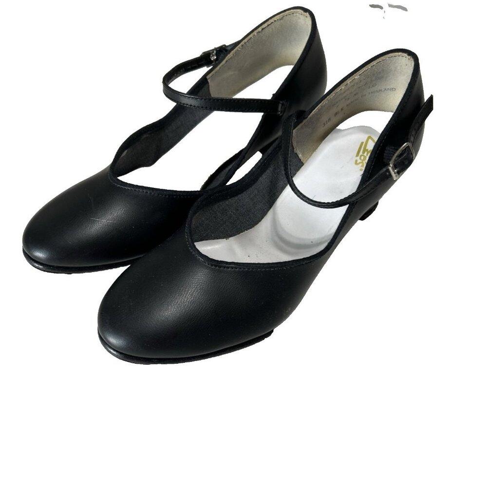 Vintage Leo Black Leather Single Strap Tap Dance Shoes Chunky Heels Size 7.5